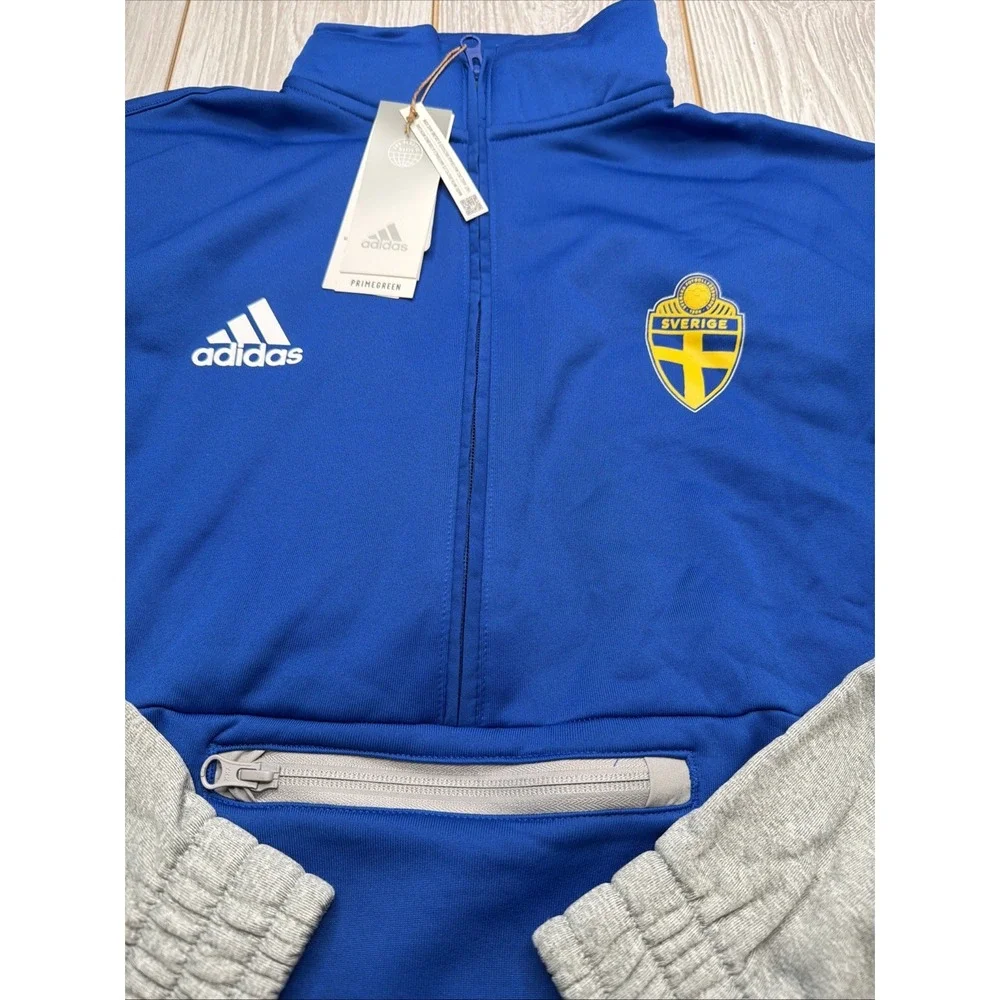 New Adidas Mens Sweden Sverige Team Soccer 1/2 Zip Sweatshirt Size Large Blue